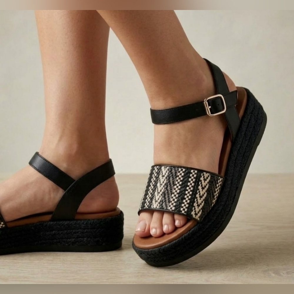 NEW! Me Too Black and Tan Women's Platform Sandals Sz 8.5 Wide